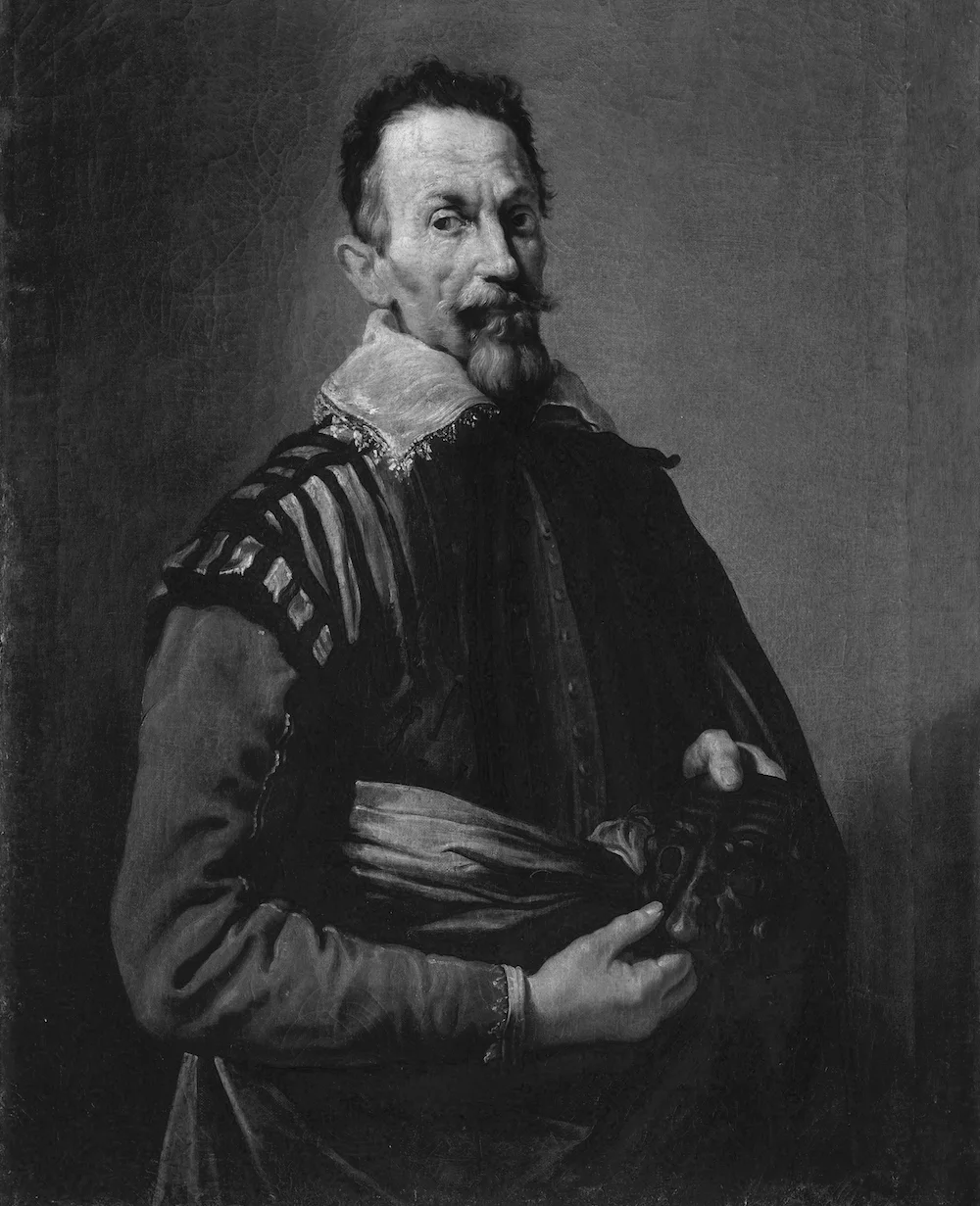 A baroque painting of Monteverdi holding a black theatre mask